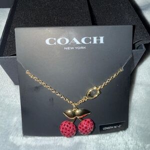 Coach Gold-Tone Chain Necklace with Red Crystal Cherry Pendant